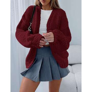 PRETTYGARDEN Womens Cardigan Sweaters 2025 Spring Fall Trendy Chunky Knit Outerwear Outfits Fashion Long Sleeve Cardigans (Wine Red,Small)