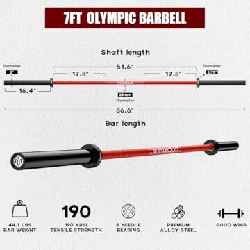 Mikolo 7ft Olympic Barbell, Barbell for Weightlifting and Powerlifting 45lb, Olympic Bar for 1500lbs Capacity, Weight Bar Fit 2” Standard Weights, Red