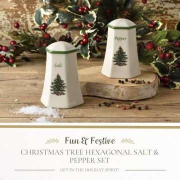 Spode Christmas Tree Hexagonal Salt and Pepper Shaker Set (2-Piece)- Holiday Kitchen & Table Décor - Festive Home Accent, Christmas Gift/Stocking Stuffer for Collectors & Holiday Enthusiasts