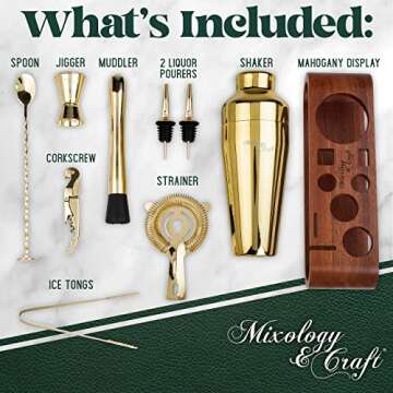 Mixology Bartender Kit: 10-Piece Bar Tool Set with Mahogany Stand | Perfect Home Bartending Kit and Martini Cocktail Shaker Set For a Perfect Drink Mixing Experience | Fun Housewarming Gift (Gold)