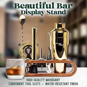 Mixology Bartender Kit: 10-Piece Bar Tool Set with Mahogany Stand | Perfect Home Bartending Kit and Martini Cocktail Shaker Set For a Perfect Drink Mixing Experience | Fun Housewarming Gift (Gold)