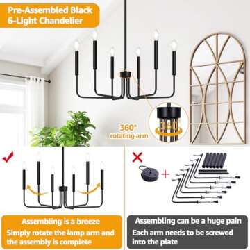 Black Chandelier, 6-Light Farmhouse Chandelier for Dining Room Lighting Fixtures Hanging, Dining Light Fixtures Industrial Modern Chandelier for Bedroom, Foyer, Hall, Kitchen, Living Room and Entryway