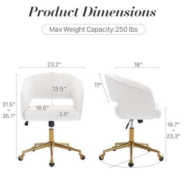 Homedraft Home Office Swivel Desk Chair, Modern Velvet Desk Chair, Height Adjustable Armchair with Gold Base, Ergonomic Office Chair for Living Room Vanity Study Computer Room, Cream