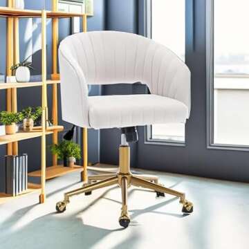 Homedraft Home Office Swivel Desk Chair, Modern Velvet Desk Chair, Height Adjustable Armchair with Gold Base, Ergonomic Office Chair for Living Room Vanity Study Computer Room, Cream