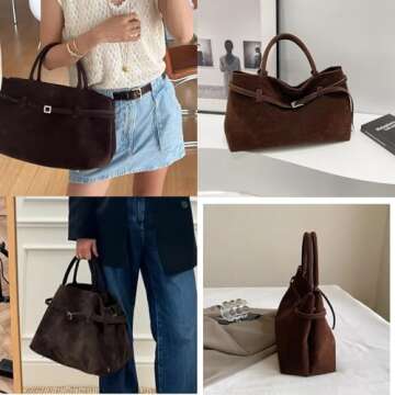 Suede Tote Bag for Women, Women's Purse Slouchy Hobo Handbag Brown Retro Top Handle Bag Fashion Shoulder Satchel Work Bags