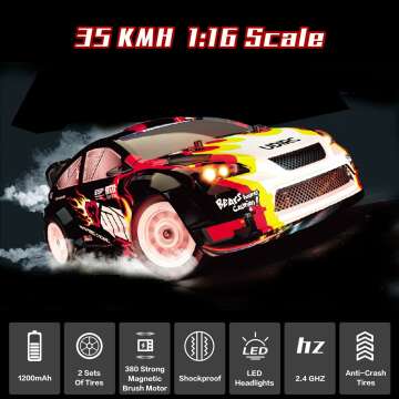 Remote Control Car 1/16 Scale 30+MPH 4WD Drift RC Car, 7.4V 1200mAh RC Off-Road Car with Upgraded Brush Motor, 2 Sets of Tires and Light for 8-12 Years Old