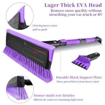 HEEYA 51 Inch Truck Snow Brush and Ice Scraper with Long Handle, Heavy Duty Snow Broom with Foam Grip for Pushing Heavy Snow for SUV Car Automobile Vehicle Windshield Window - Purple