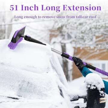 HEEYA 51 Inch Truck Snow Brush and Ice Scraper with Long Handle, Heavy Duty Snow Broom with Foam Grip for Pushing Heavy Snow for SUV Car Automobile Vehicle Windshield Window - Purple