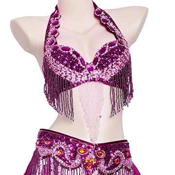 ROYAL SMEELA Belly Dance Costume Set for Women Belly Dance Bra and Belt Chiffon Dancing Skirts Professional Outfit 3pcs Purple