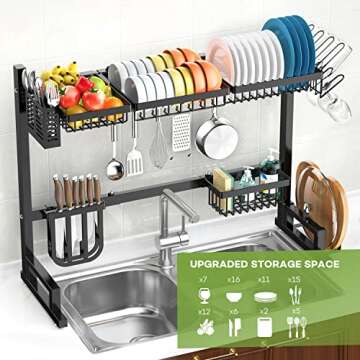 Over The Sink Dish Drying Rack Adjustable (34-40 in), Large 2-Tier Dish Racks for Kitchen Counter, Sturdy 304 Stainless Steel Dish Drainer Shelf with 5 Hooks for Kitchen Supplies Organization - Black