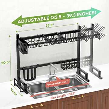 Over The Sink Dish Drying Rack Adjustable (34-40 in), Large 2-Tier Dish Racks for Kitchen Counter, Sturdy 304 Stainless Steel Dish Drainer Shelf with 5 Hooks for Kitchen Supplies Organization - Black