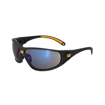 Caterpillar Tread Safety Glasses, Black and Yellow, Blue Mirror, Unisex