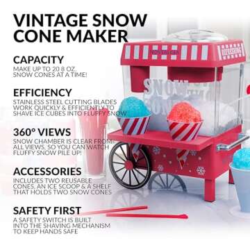 Nostalgia Vintage Countertop Snow Cone Machine - Slushie Machine - Shaved Ice Machine and Crushed Ice Maker - Makes 20 Icy Treats, Includes 2 Reusable Plastic Cups & Ice Scoop – Red