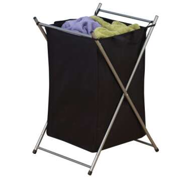 Household Essentials Folding Laundry Hamper with Black Polyester Bag, Satin Silver Frame