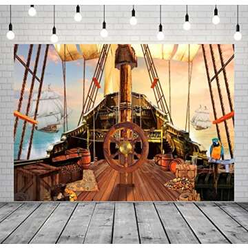 BELECO 7x5ft Fabric Vintage Pirate Ship Backdrop Wooden Rudder Treasure Chests Treasure Map Barrels Parrot Ocean Sailing Ship Nautical Pirates Background Pirate Theme Party Decorations Photo Props