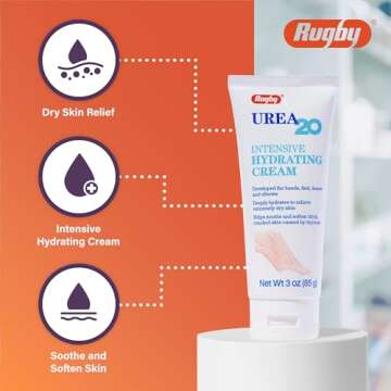 Rugby Urea 20% Intensive Hydrating Cream - Urea Cream for Feet, Hands, Knees, and Elbows - 20% Urea Intensive Strength Cream - 3 Oz