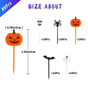 CCINEE 80pcs Plastic Halloween Picks, Halloween Cupcake Topper Picks Food Picks Ghost Pumpkin Spiders Bats Skull Cupcake Toppers for Kids Birthday Party Themed Party