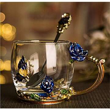 Luka Tech Enamels Butterfly flower Lead-free Glass Coffee Mugs Tea Cup with Steel Spoon