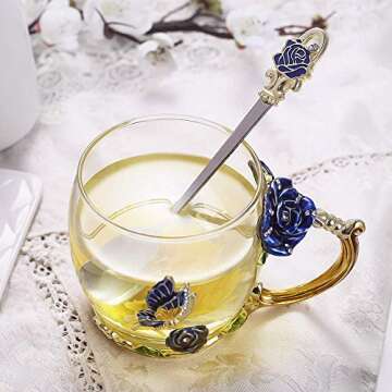 Luka Tech Enamels Butterfly flower Lead-free Glass Coffee Mugs Tea Cup with Steel Spoon