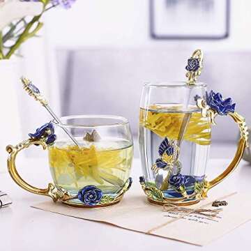 Luka Tech Enamels Butterfly flower Lead-free Glass Coffee Mugs Tea Cup with Steel Spoon