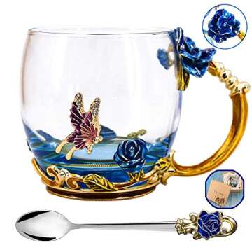 Luka Tech Enamels Butterfly flower Lead-free Glass Coffee Mugs Tea Cup with Steel Spoon