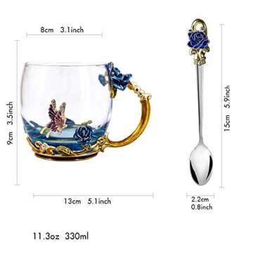 Luka Tech Enamels Butterfly flower Lead-free Glass Coffee Mugs Tea Cup with Steel Spoon