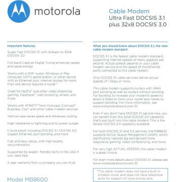 Motorola MB8600 DOCSIS 3.1 Cable Modem Renewed