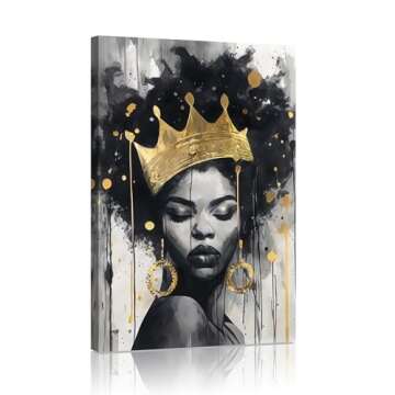 Native African American Wall Art: Inspirational Yellow Black Girl Canvas Wall Art, African American Woman Pictures with Queen Crown for Bedroom, African Ethno Motive Framed Ready to Hang(16x24inch)