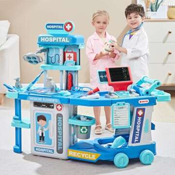 lillimasy Doctors Kit for Kids: Pretend Real Doctor Playset for Kids with Cart ＆ Suitcase - Doctor Kit for Toddlers 3-6 Year Old with 24 Accessories - Role Play Medical Station for Girls Boys (Blue)