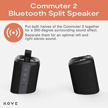 KOVE Commuter 2 - Black Bluetooth Speakers, Portable, Wireless with HD Louder Volume, Deep Bass Subwoofer, Microphone, IPX7 Water Resistant - Boom Box for Home, Outdoor or Travel, Split Speaker