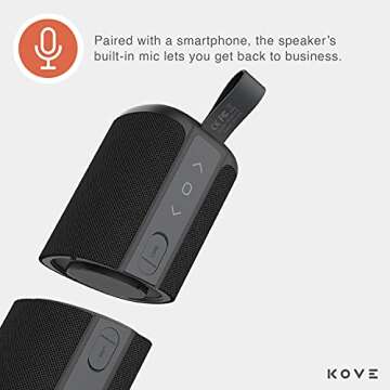 KOVE Commuter 2 - Black Bluetooth Speakers, Portable, Wireless with HD Louder Volume, Deep Bass Subwoofer, Microphone, IPX7 Water Resistant - Boom Box for Home, Outdoor or Travel, Split Speaker