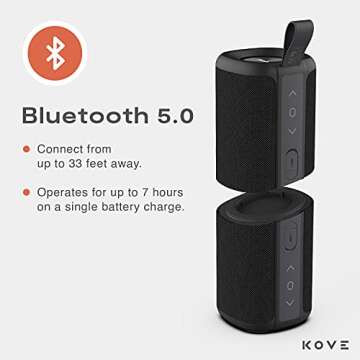 KOVE Commuter 2 - Black Bluetooth Speakers, Portable, Wireless with HD Louder Volume, Deep Bass Subwoofer, Microphone, IPX7 Water Resistant - Boom Box for Home, Outdoor or Travel, Split Speaker