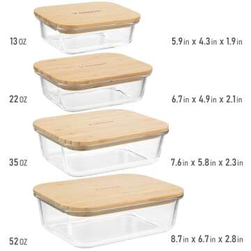 dokaworld Glass Food Storage Containers With Bamboo Lids - Glass Meal Prep Containers - Set of 4 Airtight Stackable Food Storage Kitchen Containers - Eco-Friendly Oven Safe Nesting Lunch Containers