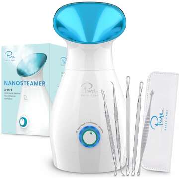 NanoSteamer Large 3-in-1 Nano Ionic Facial Steamer with Precise Temp Control - Humidifier - Unclogs Pores - Blackheads - Spa Quality - Bonus 5 Piece Stainless Steel Skin Kit (Teal)