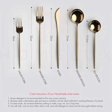 Homelux Theory 18/10 Gold Silverware Set, 5pc Mirror Polished Modern Silverware Set, 18/10 Gold Flatware, Gold Knife Set, Gold Silverware Set, Knife Spoons & Forks Set, Modern Cutlery Set of 2