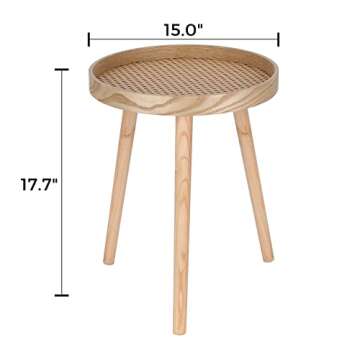 Small Side Table, Rattan Nightstand, Round End Boho Bedside Accent Mid-Century Modern Bed Tables for Living Room Bedroom Office Balcony(Natural Walnut)