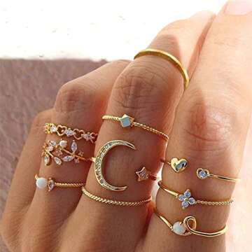 Trendy Gold Stackable Rings for Girls - Star Moon Set