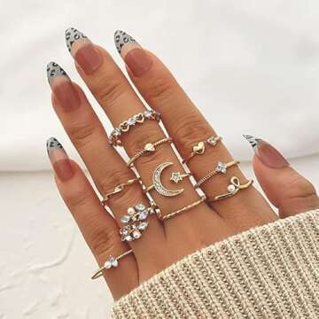 Trendy Gold Stackable Rings for Girls - Star Moon Set