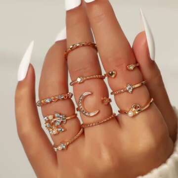 Trendy Gold Stackable Rings for Girls - Star Moon Set