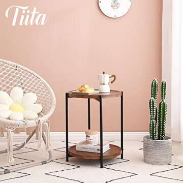 Tiita Round End Table Mental Side Table Nightstand/Small Wood Tables Accent Coffee Table with Wooden Tray for Living Room Bedroom Office Small Space