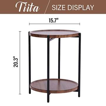 Tiita Round End Table Mental Side Table Nightstand/Small Wood Tables Accent Coffee Table with Wooden Tray for Living Room Bedroom Office Small Space