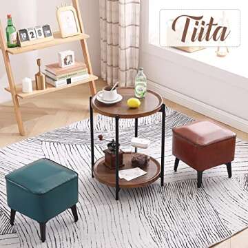 Tiita Round End Table Mental Side Table Nightstand/Small Wood Tables Accent Coffee Table with Wooden Tray for Living Room Bedroom Office Small Space