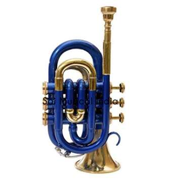 Sai Musicals Pocket Trumpet Bb Pitch in Copper Finish, Student Trumpet Horn for Beginners & Intermidate Level with Mouthpiece & Hard Case, Perfect Gift for Christmas, Easter, Birthday (Blue & Copper)