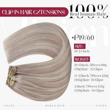 Vivien Clip in Hair Extensions Real Human Hair Highlight Blonde Clip in Extensions Human Hair Invisible Remy Hair Clip in Extensions Grey Blonde with Light Blonde Seamless for Women 18 Inch 120g 7pcs