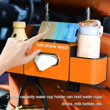 toresper Car Back Seat Organizer with Cup Holder, Car Seat Back Tissue Box and Storage Hook, Multifunctional Car Organizer for Hold Phone,Snacks, Drinks, Handbag, Compatible with Most Vehicles(Beige)