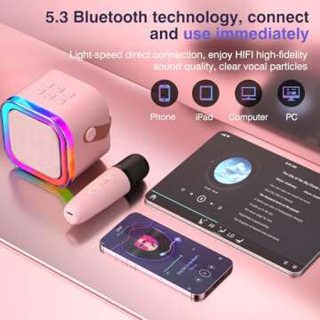 Mini Karaoke Machine for Kids Adults, Portable Bluetooth Karaoke Speaker with 2 Wireless Mics and LED Color Lights, Home Birthday Party for Girls/Boys Ages 4, 5, 6, 7, 8, 9, 10,11,12+,Pink