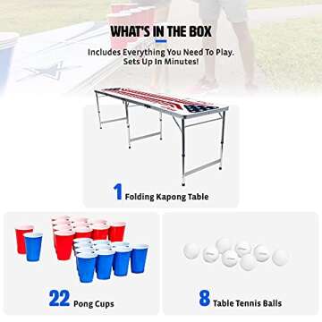 EastPoint Sports Easy Folding Drinking Game Pong Tailgate Tables with Cups and Balls, American Theme Perfect for Cookouts, Yards, Parties, Park, BBQ, Beach and More,Americana KA-Pong Table + Cups