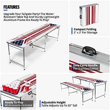 EastPoint Sports Easy Folding Drinking Game Pong Tailgate Tables with Cups and Balls, American Theme Perfect for Cookouts, Yards, Parties, Park, BBQ, Beach and More,Americana KA-Pong Table + Cups