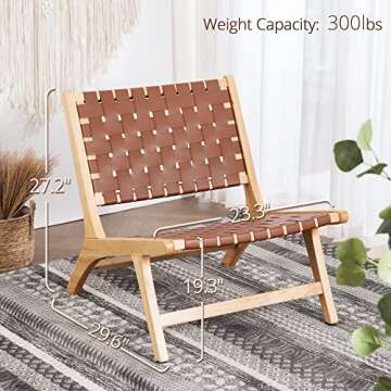 Brown Leather Woven Accent Chair, Cognac Lounger Chairs Indoor Midcentury Modern Oversized Patio Recliner Wood Frame Most Comfortable Leisure for Reading Outdoor Garden Balcony Bedroom Living room Tan