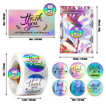 620pcs Thank You Cards and Stickers Set, Holographic Thank You Business Cards 1.5'' Thank You for Supporting My Small Business Stickers with Resealable Packaging Bag for Boutiques Business Owners